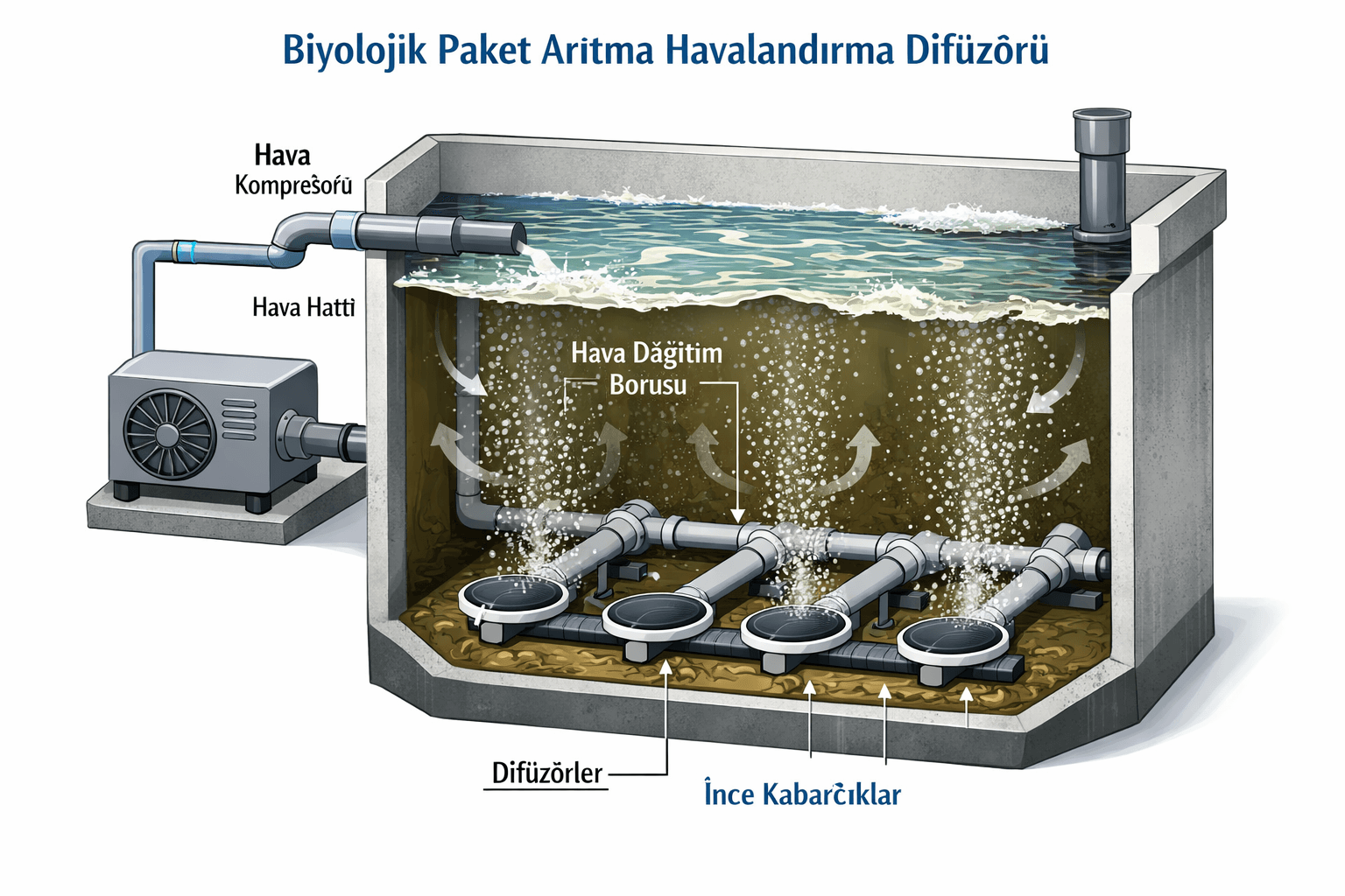 Biyolojik Paket Arıtma havalandırma sistemi: blower, difüzör ve DO kontrolü